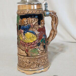 BEER STEIN Vintage Ceramic Stein Musical German Hand Painted Ceramic Ste…